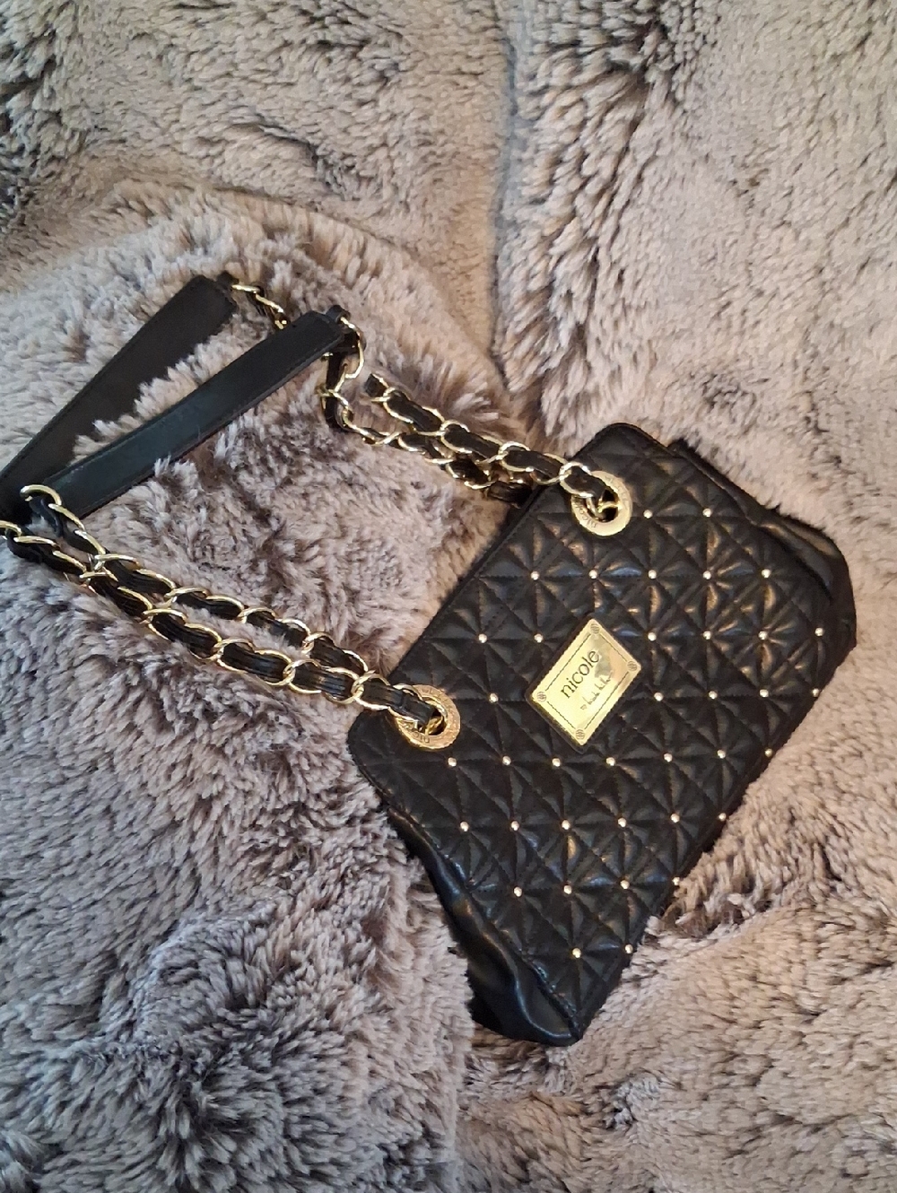 Nicole Miller Black Quilted Shoulder Bag with Gold Hardware